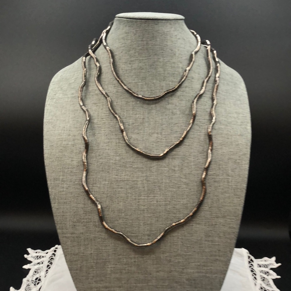 Vintage Long Adjustable Curly Bling Metal Articulated Silver Tone Necklace